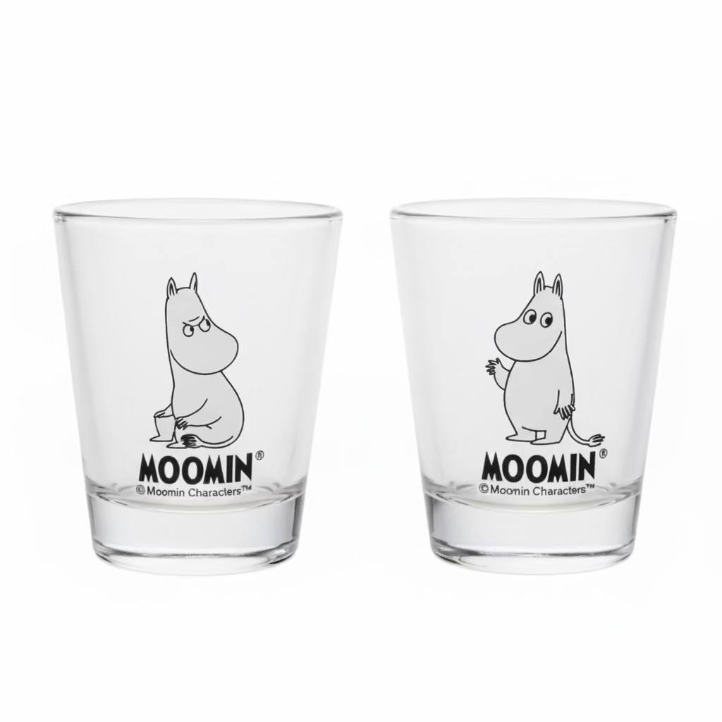 Two clear glasses with Moomin character design on a light surface.